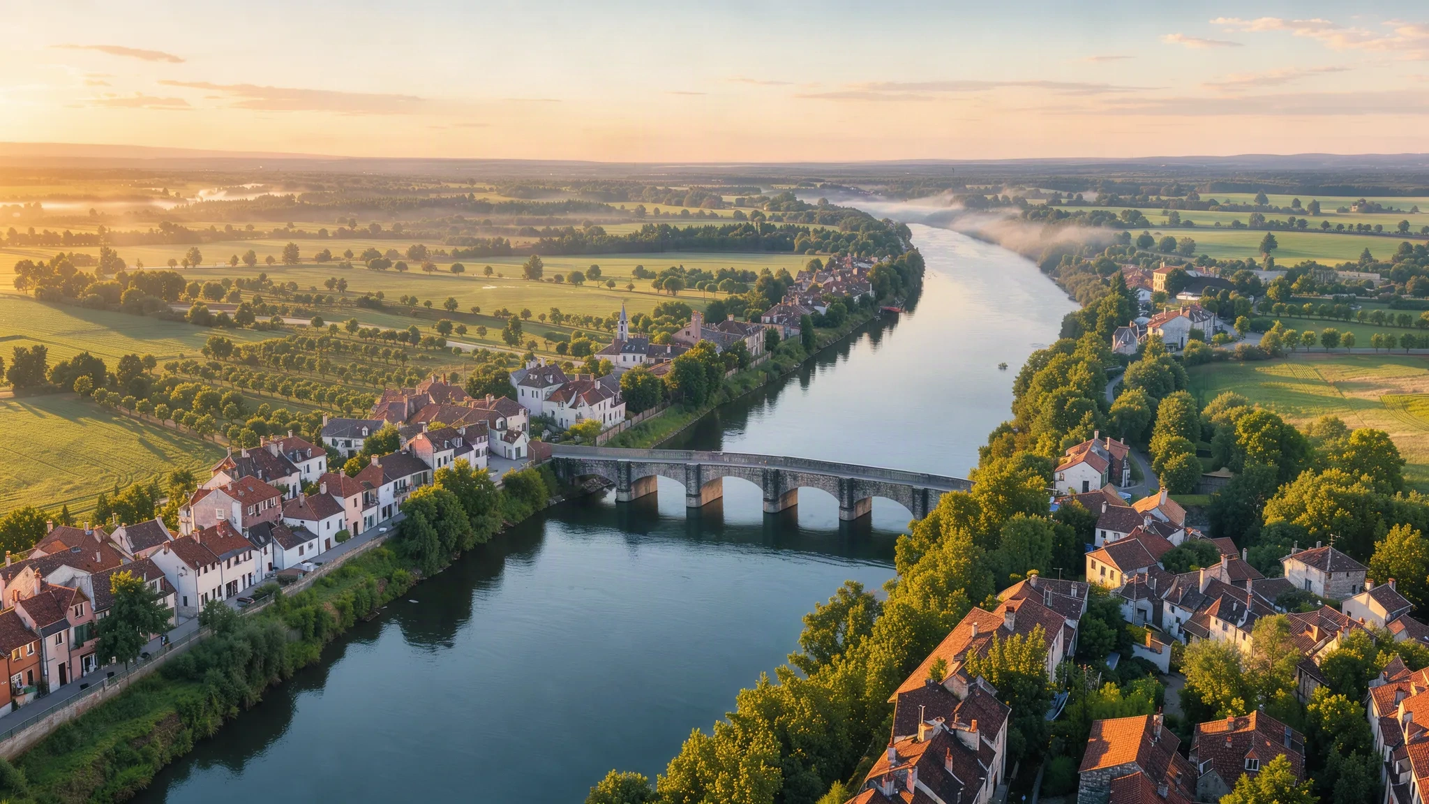 La vallée de la Garonne vue du ciel au lever du soleil