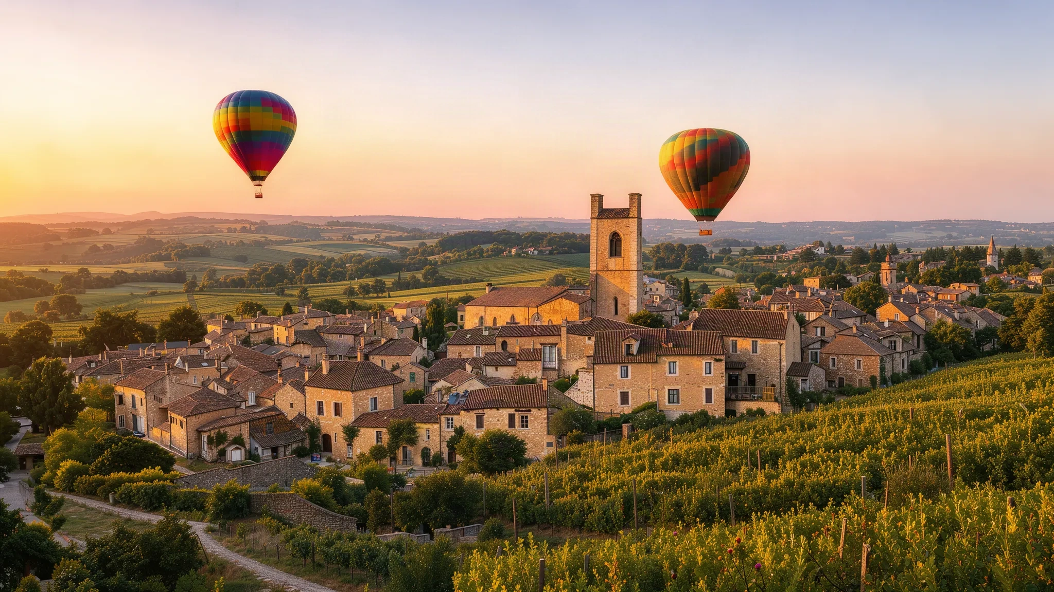 Village bastide du Lot-et-Garonne et montgolfière au coucher du soleil