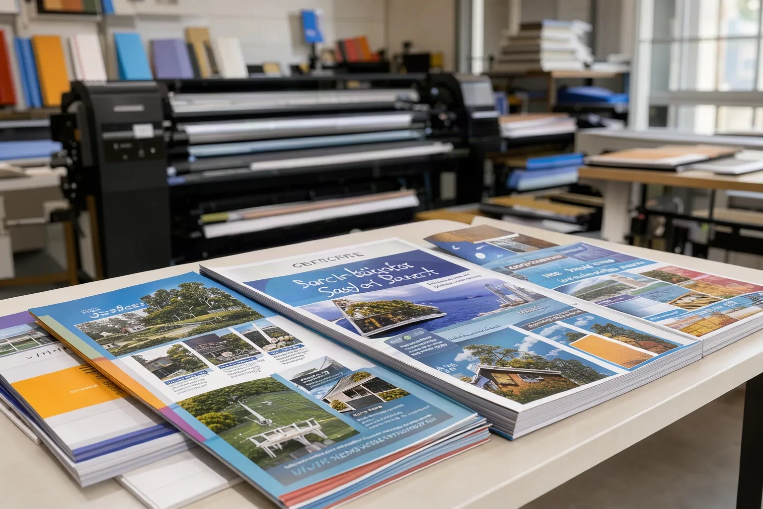Brochures et affiches imprimées sur un bureau de concepteur