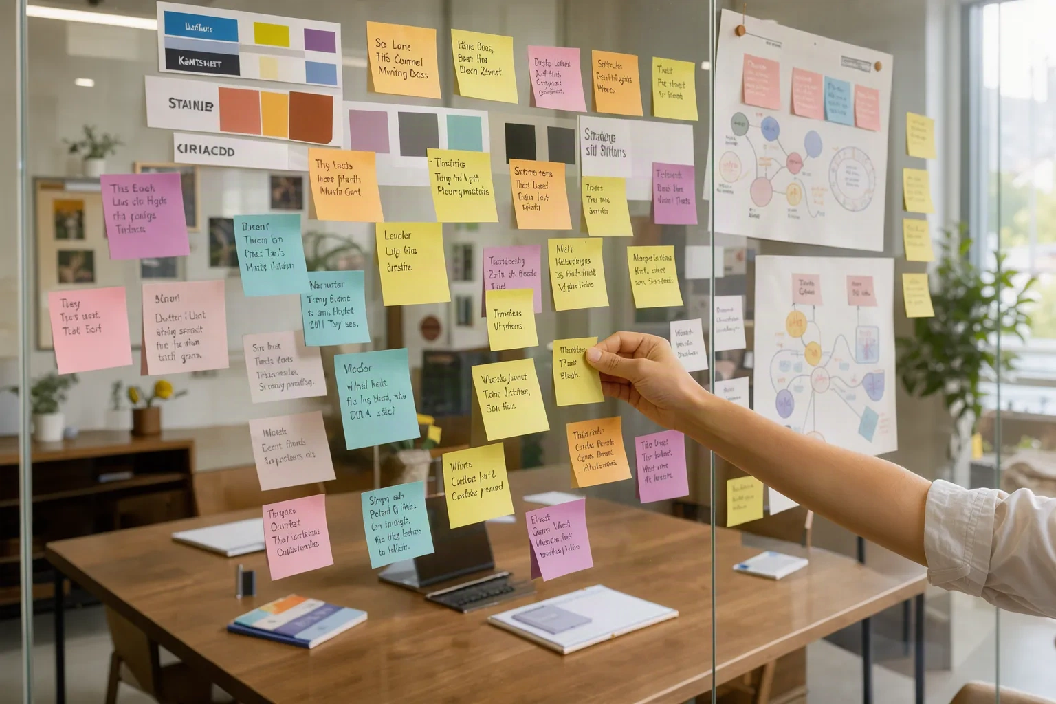 Atelier stratégie avec post-it colorés sur une vitre