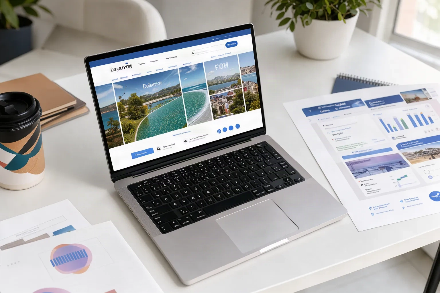 Espace de travail numérique avec ordinateur et maquettes web